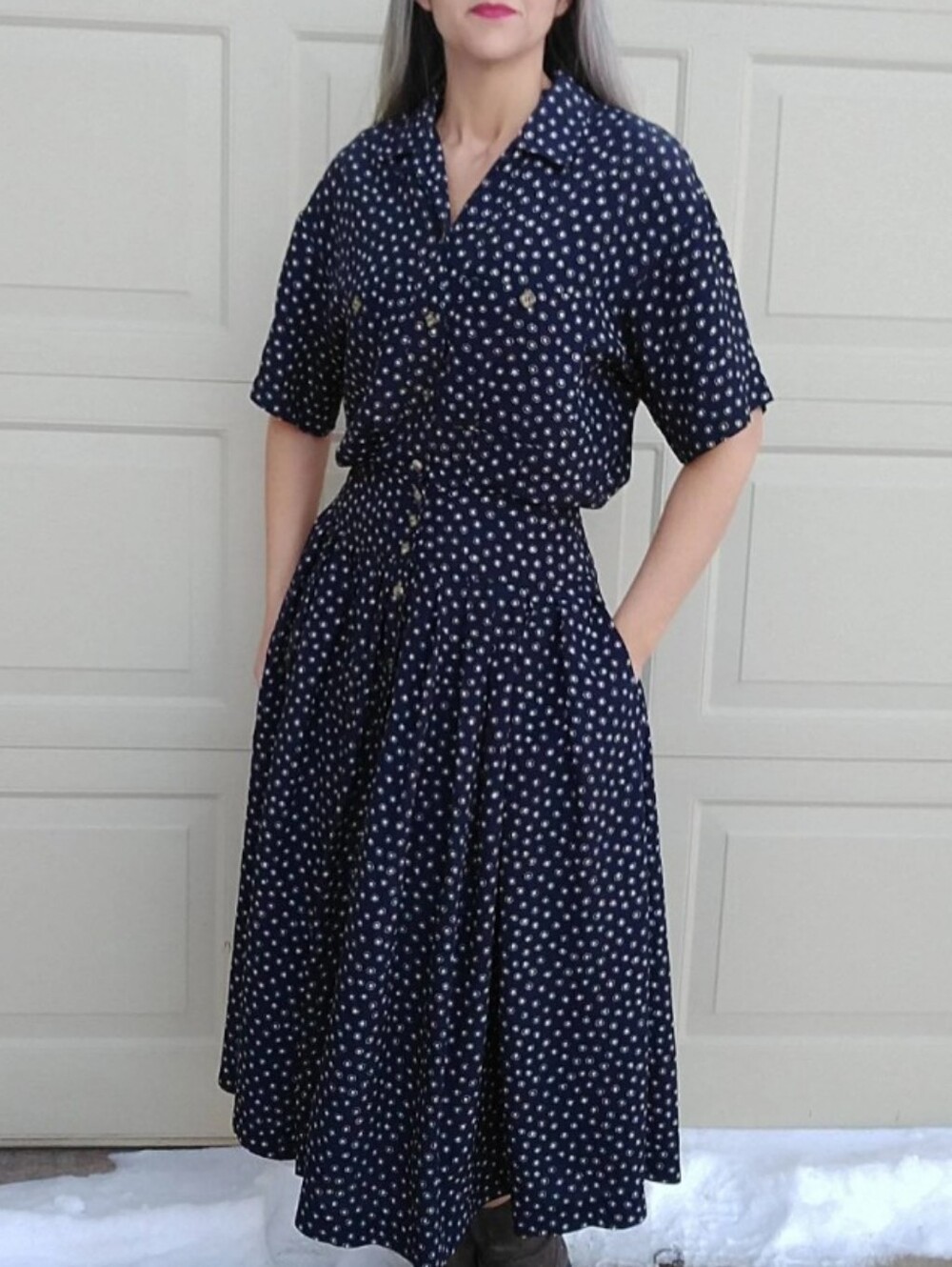 1980s LIZ CLAIBORNE DRESS navy blue 80s S